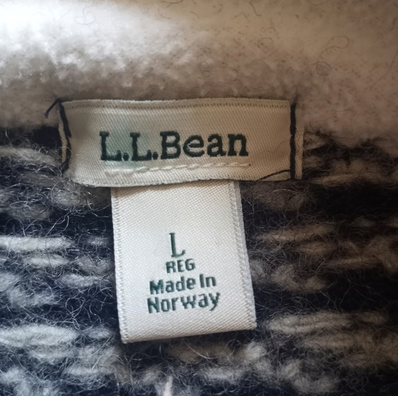 LL Bean Wool Classic Navy Blue White Birdseye Knit Zipper Cardigan Sweater L - Picture 4 of 7